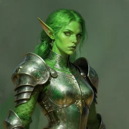 green human faced orc female, vibrant green tone beautiful face, plated armor intricate, elegant, highly detailed, trending on artstation, by ilja repin by greg rutkowski, digital painting