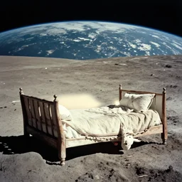 an old photo of a bed on the moon, earth in distance