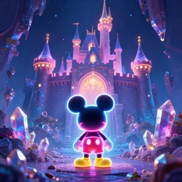 an enchanted neon tiny mickey mouse standing at the foot of a mystical isekai castle. crystal ore mines. hyper kawaii cute. by greg rutkowski, in the style of a grand adventure, extremely artistic