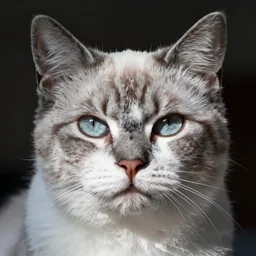 a cat with a half white half gray nose with white whiskers and light blue eyes