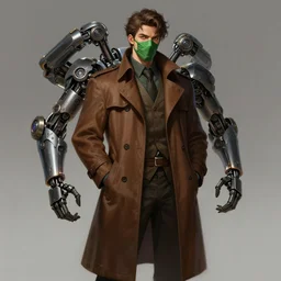 a highly detailed illustration of thick wavy brown haired young white guy wearing brown detective trench coat and wearing green face mask, with many mechanical arms on his back, dramatic hands in pocket standing pose, intricate, elegant, highly detailed, centered, digital painting, artstation, concept art, smooth, sharp focus, league of legends concept art, WLOP