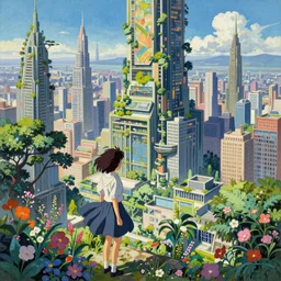 A beautiful cityscape painting of a dystopian future with flowers and trees and skyscrapers by Alfons Maria Mucha and Julie Dillon and Makoto Shinkai