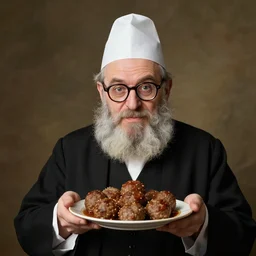 a funny looking rabbi with thick glasses holding a plate of meatballs by j. c. leyendecker 8 k