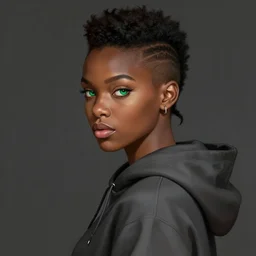 photographic portrait of an handsome young black woman with a mohican haircut and green eyes in a back hoodie, atmospheric lighting, elegant, highly detailed, digital painting, artstation, concept art, sharp focus, star wars, illustration, art by makoto shinkai