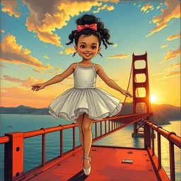 a mixed race hapa five - year - old girl, dressed as a ballerina, balancing on the golden gate bridge, smiling into the camera, portrait, wide shot, sunset illustration, pop art, splash painting, art by geof darrow, ashley wood, alphonse mucha