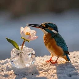 a kingfisher finding a beautiful flower, entrapped in ice, only snow in the background, beautiful macro photography, warm ambient light