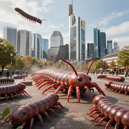 A city being attacked by giant centipedes, Frankfurt city center under attack by giant centipedes, 4k octane render concept art