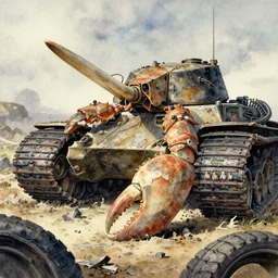 watercolor crustacean claw panzer, tank treads macerated in cluster of shredded tire valley by richard corben, bernie wrightson, ian miller, & albrecht durer, fine art masterpiece baked at 3 0 0 f, matte painting, dystopian lighting, photorealistic render, cinematic,