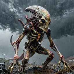 hyperrealistic and heavy detailed most disturbing creature in the universe, bones, flesh, creepy, subsurface scattering, sony a 7 siii sigma 2 4 - 7 0 mm f / 2. 8, heavy film grain, high quality, high textured, real life, full body in shot, far distance, rain, thunderstorm