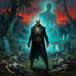 frazetta\'s death dealer , in background dark foggy backlit jungle filled with corpses , with lake, backlit graveyards and muscular oversized skeleton silhouette backlit, cyan atmosphere , very detailed oil painting by frazetta with visible brushmarks, dramatic clouds , sunset red panorama
