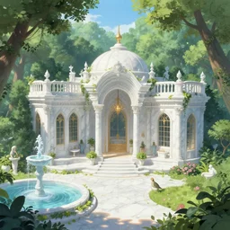A bathhouse in a beautiful elven city made of white marble, anime, lush trees, fountain, a fantasy digital painting by Greg Rutkowski and James Gurney, trending on Artstation, highly detailed