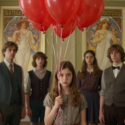 medium shot photo by todd solondz of a shy young girl facing the camera with a quizzical expression holding dozens of red balloons by their strings, todd solondz, alphonse mucha, rhads, rebecca guay, artstation, artgerm, octane render