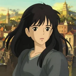 anime still of a black hair girl, city backdrop, art by studio ghibli and ilya kuvshinov, portrait, intricate, golden hour lighting. highly detailed, sharp focus, digital painting, trending on pixiv fanbox, trending on artstation, concept art, sharp focus, illustration art by artgerm and greg rutkowski and alphonse mucha