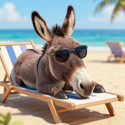 a donkey wearing cool sunglasses is lying on a beach sun bed, digital art, amazing detail