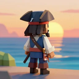 a low-poly pirate looking out into an ocean sunset