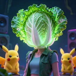 girl with cabbage head, acid colors render very cute money cabbage, leaves as dollars!! glow, light kale! incorporated speakers!, cyberpunk highly detailed, unreal engine cinematic smooth, in the style of blade runner & detective pikachu, hannah yata charlie immer, moody light, james jean art, low angle, uhd 8 k, sharp focus