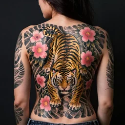 photography of the back of a woman with a black detailed irezumi tatto representing a gold tiger with pink flowers on her entire back, mid-shot, editorial photography