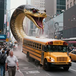yellow school bus being swallowed by giant snake, time square, cinematic, dramatic, film still