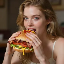portrait photography of Marissa Miller eating a giant hamburger, extra ketchup and mustard with overflowing bacon lettuce and tomato, cinematic lighting, highly detailed, feminine ethereal, bodypaint, D&D, hearthstone, digital painting, artstation, concept art, smooth, sharp focus, illustration, art by Terry Moore and Greg Rutkowski and Alphonse Mucha