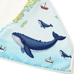 cape with a map of the sea on it. whales, boat fabric, stitched