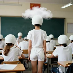 realistic photo portrait of the university students wearing white shorts, dressed in white spherical helmets, working in a classroom, there is a cloud in the middle 1 9 9 0, life magazine reportage photo