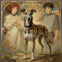 cute star trek officer brindle greyhound, natural lighting, path traced, highly detailed, high quality, digital painting, by don bluth and ross tran and studio ghibli and alphonse mucha, artgerm