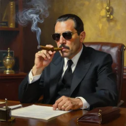 abstract oil matte portrait painting, mafia boss smoking a cigar at his 5 0 s new york office desk, wonderful masterpiece highly detailed, beautiful cinematic light deep focus, elegant, digital painting, smooth, sharp focus, golden ratio, dramatic illumination, ultra realistic, 8 k, art by jimmy law