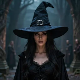 A beautiful dark magician women wearing a large witches hat that covers her face by Greg Rutkowski, Sung Choi, Mitchell Mohrhauser, Maciej Kuciara, Johnson Ting, Maxim Verehin, Peter Konig, mythical, 8k photorealistic, cinematic lighting, HD, high details, atmospheric,
