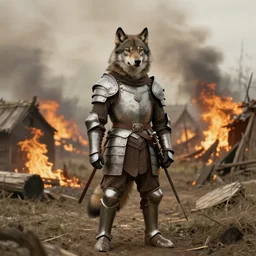 anthropomorphic furry wolf in armor standing in front of a burning village, 1900s picture