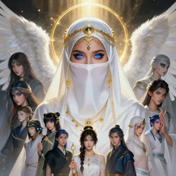 a beautiful arabian female angel wearing a white niqab with jewelry by alex gray, android jones, nekro, karol bak, ayami kojima, artgerm, yoshitaka amano, olivier ledroit, ruan jia, charlie bowater, tom bagshaw, shining light, make up, blue eyes, golden hora, concept art, fantasy
