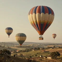 flying adventure. vintage hot air balloons flying high above the landscape victorian matte painting