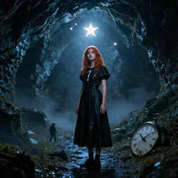a realistic detail of a pretty girl dress black clock has red hair in the cave, abandoned, shining star, traveller, raining, mist by Julian calle, Leonardo Calamati, wlop, Beksiński, Dylan cole, Erak note, Denis Villeneuve, Ben Nicholas, Anton Fadeev, thomas kinkade, rutkowski, Finnian MacManus, Syd Mead, Trending on artstation, blue and black scheme, 8k, Unreal Engine