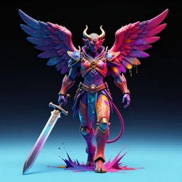 a demonic archangel wielding a sword, splatter paint, spray paint, colorful, neon, tones of black in background, light blue foreground, high contrast, technicolor, 2. 5 - dimensional, 2. 5 d