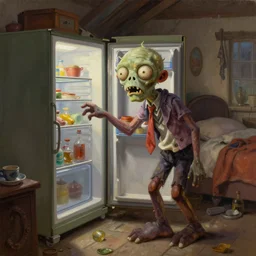 classic oil painting, an adorable zombie that is opening the refrigerator, as a dnd character, inside a cluttered bedroom, cottagecore, highly detailed, digital illustration, concept art, smooth, sharp focus, art by tim hildebrandt, and greg hildebrandt