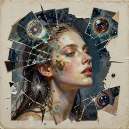 female celestial languid extasy detailed mixed media collage with canvas texture in style of contemporary art, punk art, realistic beautiful face, photorealism, expressionism, masterpiece, perfect composition, spectacular quality, intricate oil details, broken glass photo, torn paper intricate texture