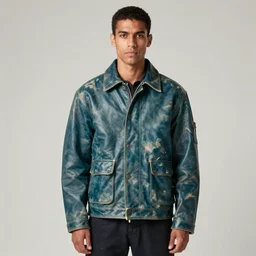an award - winning photo of a male model wearing a baggy teal distressed medieval leather menswear harrington jacket by issey miyake, 4 k, studio lighting, wide angle lens