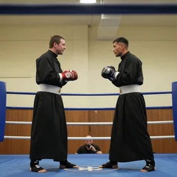 two priests sparing in a boxing ring