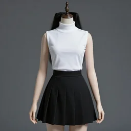 Gothic Woman in White Sleeveless turtleneck t-shirt and black pleated skirt. Highly detailed, 50mm, cinematic. By Leng Jun