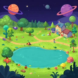 in a park and next to a lake, in a small town on an alien planet, with strange alien plants and flowers, from a space themed Serria point and click 2D graphic adventure game, made in 2019, octane render, cartoon style