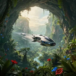a photo of futuristic flying vehicles hurtling through a lush prehistoric jungle cave, mountains, vines, water, scattered red and blue flowers, sunrise, lush flora, beautiful artwork, volumetric lighting, haze, hyperrealistic, 8 k