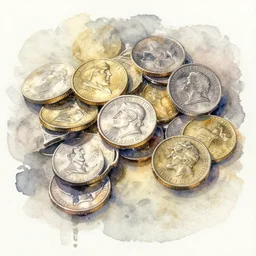 small centered on watercolor paper, paint brush strokes, abstract watercolor painting of silver coins, gold coins, cinematic light, american romanticism by hans dahl, by jesper ejsing, by anders zorn, by greg rutkowski, by greg manchess, by tyler edlin