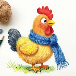 A chicken knitting a scarf, color drawing