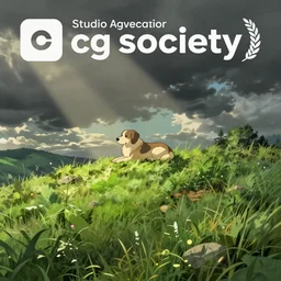 a dog laying on top of a lush green hillside, a screenshot by studio ghibli, trending on cg society, symbolism, official art, concept art, storybook illustration