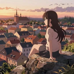 isekai masterpiece anime girl sitting on a rock off to the side looking down upon swedish town, during dawn, cinematic, very warm colors, intense shadows, anime illustration, anime screenshot composite background