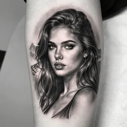 tattoo design sketch of a beautiful girl with a faded mountain background, in the style of den yakovlev, black and white, realism tattoo, hyper realistic, highly detailed