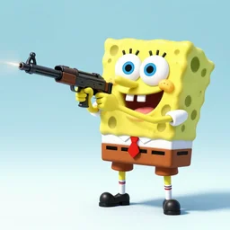 high detail full body shot of spongebob squarepants shooting an ak - 4 7 machine gun with muzzle flash, cinematic framing, cinematic light, hard shadows, in the style of the movie lone survivor,