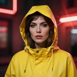 A hyper realistic and detailed head portrait photography of a woman wearing a futuristic yellow raincoat with hoodie by annie leibovitz. Neo noir style. Cinematic. Swirly bokeh. Red neon lights and glow in the background. Lens flare.