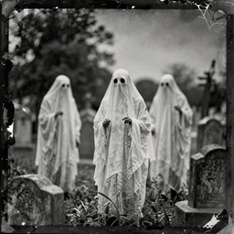 cemetery with ghosts, old vintage photography, damaged photo, daguerreotype, ambrotype, black and white, archive, film artifacts, scratches, tears, hyperrealistic, ultra detailed