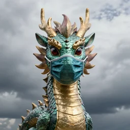 a photo of a dragon wearing face mask mid shot cloudy