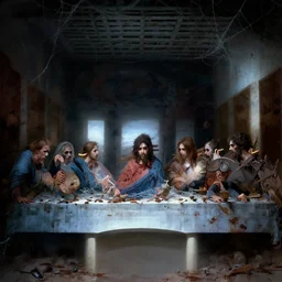the last supper, abandoned, cobweb, scary, horror, hellish, digital painting